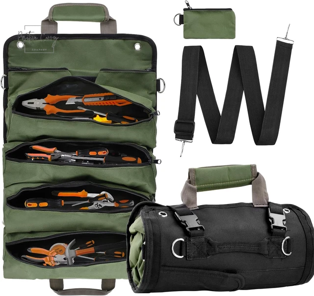 Tool Roll up Bag, Portable Tool Organizer for Men with Detachable Pouch, Heavy D