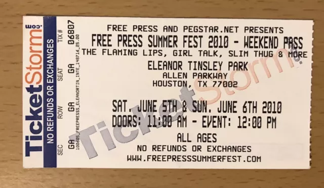 2010 The Flaming Lips Houston Texas Concert Ticket Stub Soft Bulletin Embryonic