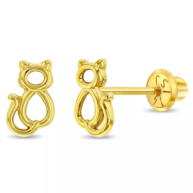 14k Oro Amarillo Pequeño Gatito de Rosca Pendientes para Infantes Niñas Pequeñas