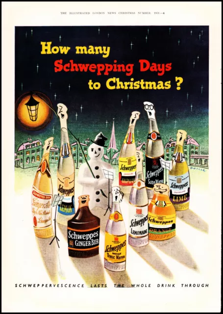 1951 Schweppes Sodas singing bottles Christmastime choir retro art print ad XL9