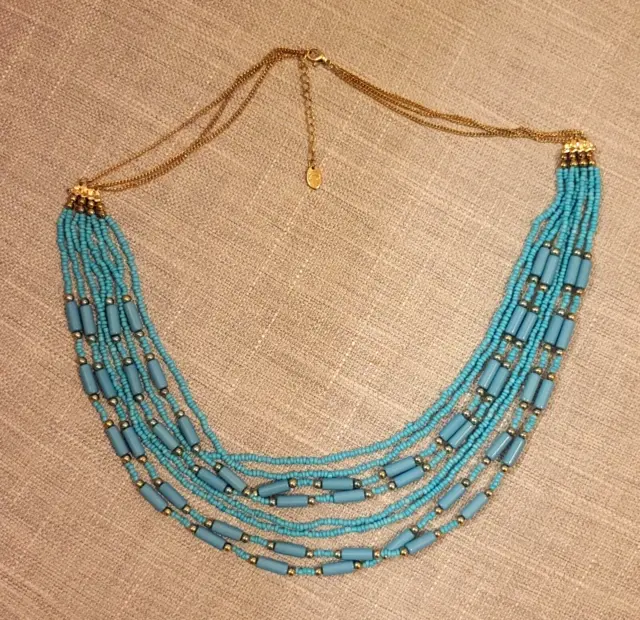 Multistrand 8 Strand Designer Turquoise Micro Bead Necklace Goldtone Accent