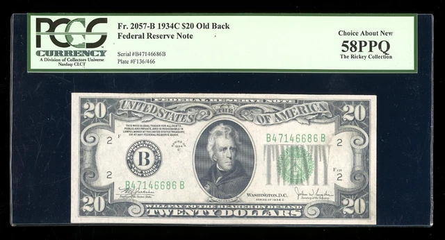 DBR 1934-C $20 FRN New York Old Back Fr. 2057-B PCGS 58 PPQ Serial B47146686B