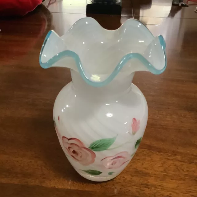 vintage Fenton swirl milk glass vase with aqua ruffled trim painted pink rose