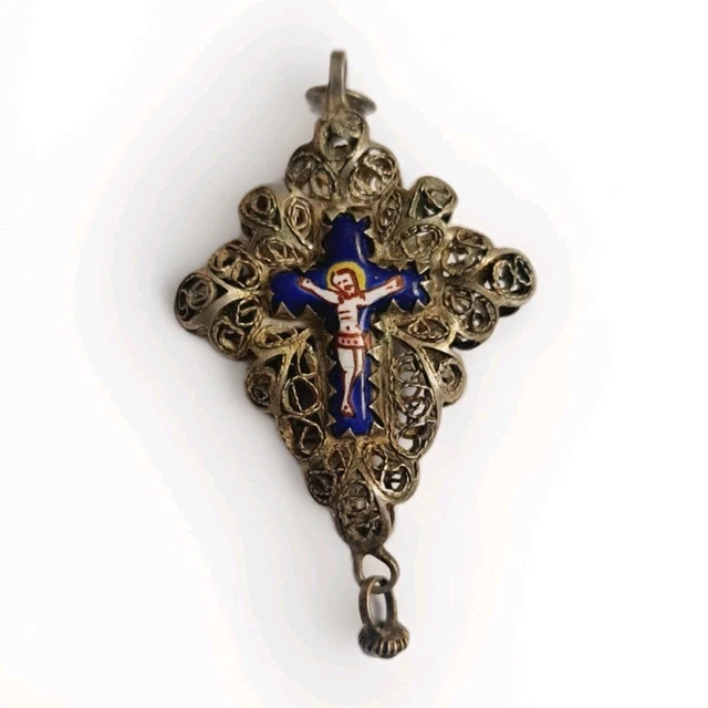 Pendentif Croix En Argent Sterling XIXème Siècle - Émaux Bleus - EMAUX BRESSANS