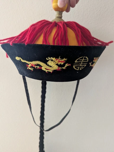 VINTAGE CHINESE QING Dynasty Official Mandarin Hat Dragon Braid Queue ...