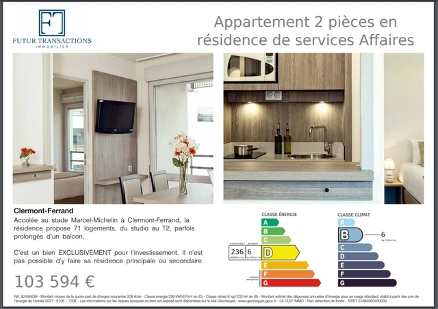 63 Clermont-Ferrand - Appartement T2 Meublé - 33.5 M² - Pour Investisseur