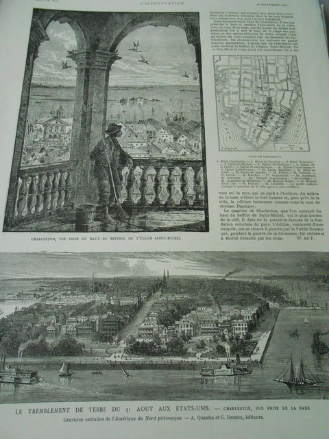 Le tremblement de Terre aux Etats Unis Charleston Rade Beffroi Gravure 1886