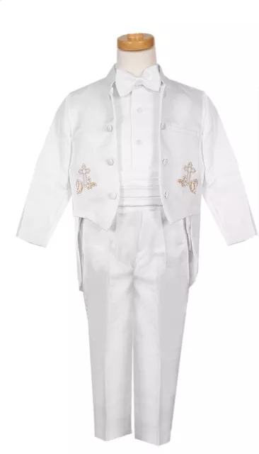 Boys baptism outfit white tuxedo set with special gold embroidery Monk Collar