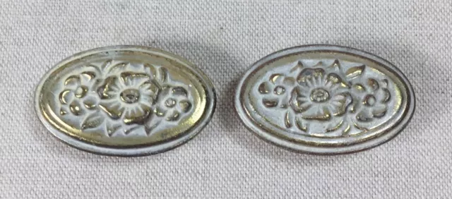 Vintage MCM Oval Knob Gold Whitewashed Floral Finish Door Drawer Pulls Lot of 2