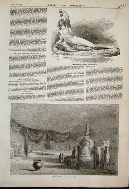 Original Old Antique Print 1851 Temple Damrool Ceylon Bacchus Reclining Statue