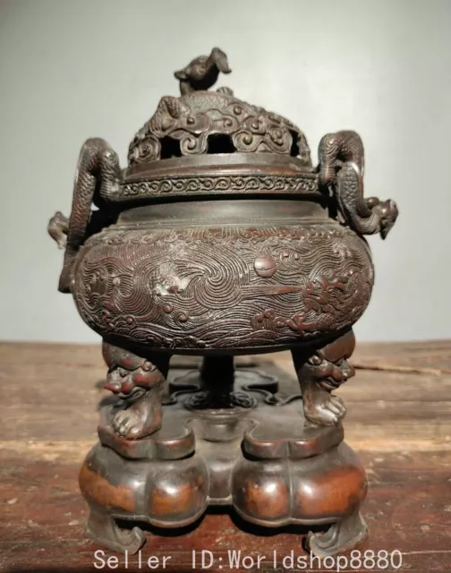 10.4" Old Chinese Bronze Fengshui Dragon Handle Beast Legs Incense Burner Censer
