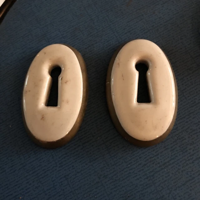 Antique Keyhole Covers Porcelain White/Gold trim c1900s Lot of 2
