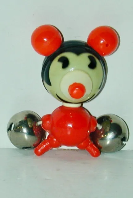 Geometric Celluloid 1930s Japan Figural Mickey Mouse Crib Toy Rattle W/ BigBells