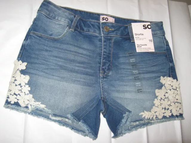 SO Girls Cuffed Denim  Lace Shortie Shorts ~ Youth Size 16 NWT