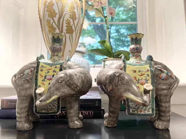 Pair Of Chinese Chinoiserie Famille Hand Painted Porcelain Elephant Candlesticks