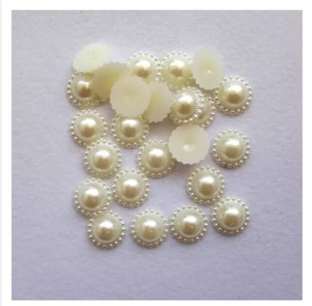 Lot 20 Demi Perle Cabochon Fleur A Coller 10mm Couleur Blanc Cassé Scrapbooking