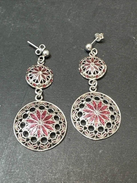 Ancienne Paire De Boucle D’oreille Pendante Argent Massif marguerite