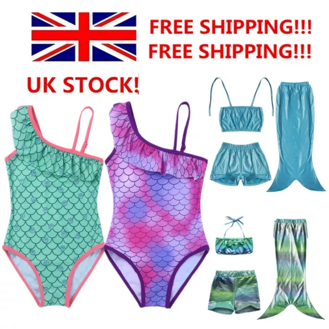 UK Girls Kids Swimwear Bikini Mermaid Tail Princess Swimming Costume Beachwear