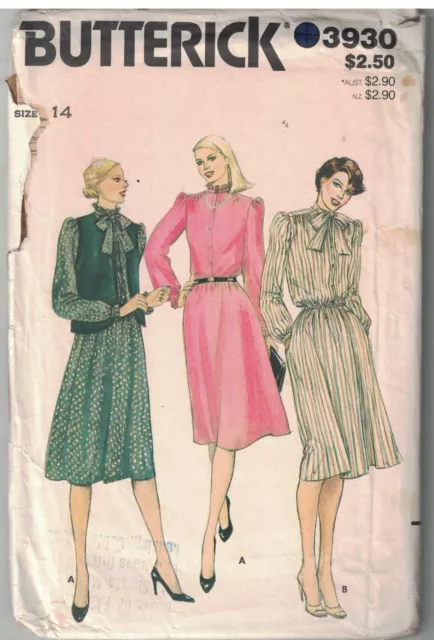 3930 Vintage Butterick Sewing Pattern Misses Loose Fitting Vest Dress 14 OOP