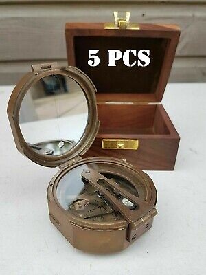 Antique Nautical 3" Brass Brunton Compass With Wooden Box   LOTS OF 5 PCS