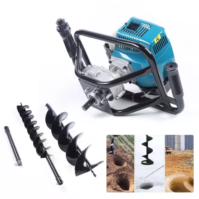Gas Powered Post Hole Digger Earth Auger Borer Fence Ground +2 Drill Bits 52CC