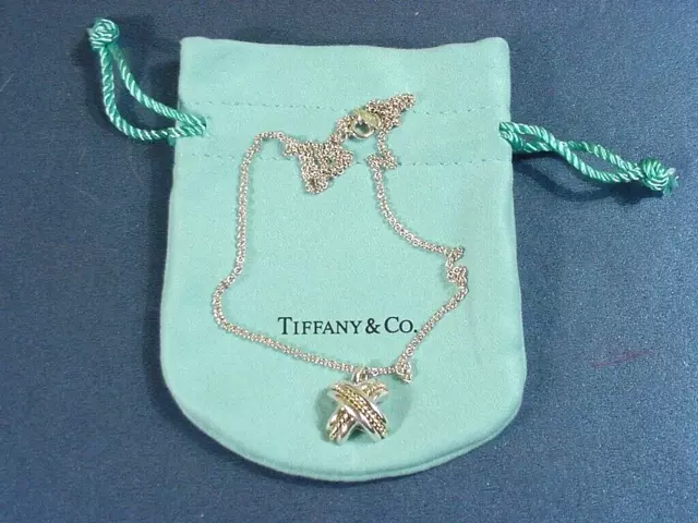 Tiffany & Co Sterling Silver 925/750 Gold Signature X 1990 Pendant 16"  Necklace