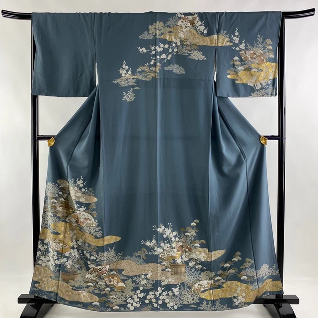 Japanese Kimono Silk Houmongi Vintage Gold Building Fan Flower Leaf Blue 62"