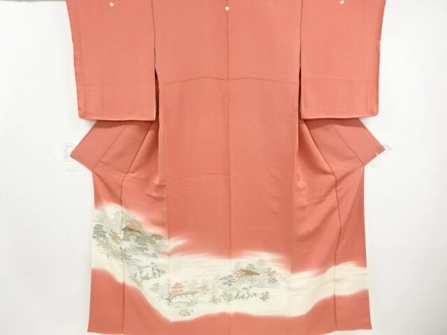 6571072: Japanese Kimono / Vintage Unused Iro-Tomesode / Juko-Ori / Woven Temple