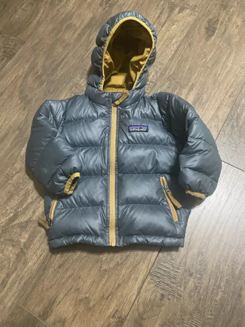 Patagonia Baby Down Puffer Coat 6-12 Months Gray Yellow Hooded Warm Winter