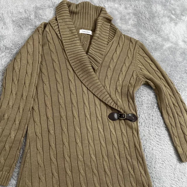 Calvin Klein Fitted Shawl Collar Knit Sweater Dress PM Taupe Strap Small