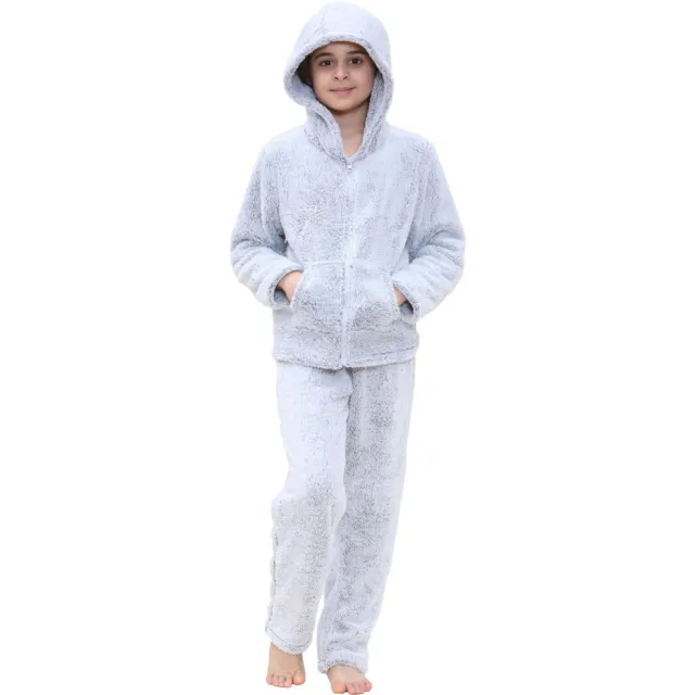 Kids Girls Boys Plain Pyjamas Extra Soft Grey Zipped Top Flannel Fleece PJS Sets