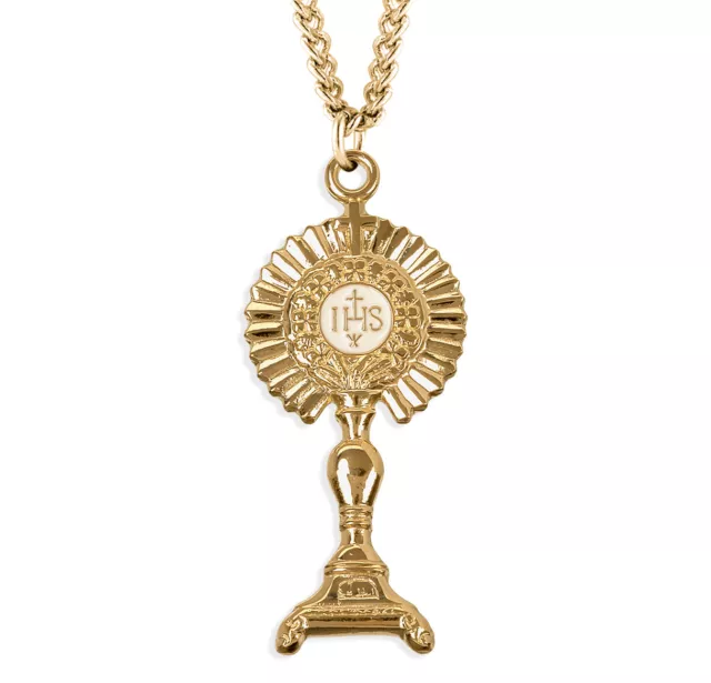 Gold Over Sterling Silver Enamel Center Ornate Monstrance Pendant Necklace,24 In