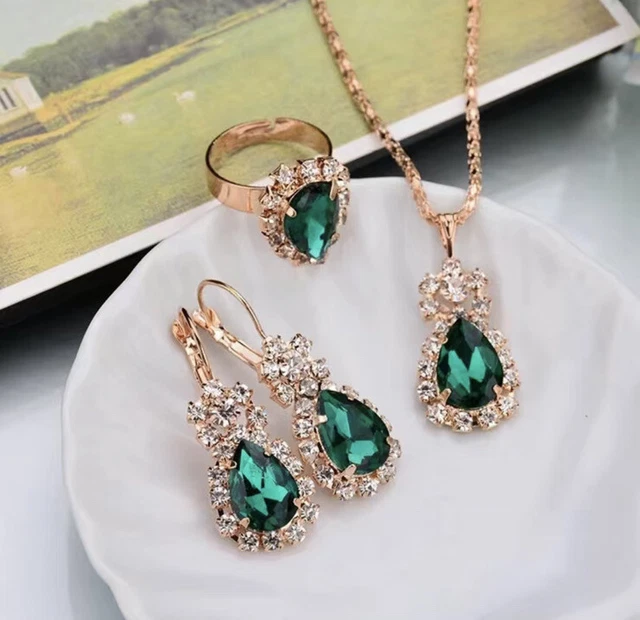 GREEN Rhinestone Drop Earrings Pendant Necklace Adjustable Ring Jewellery Set