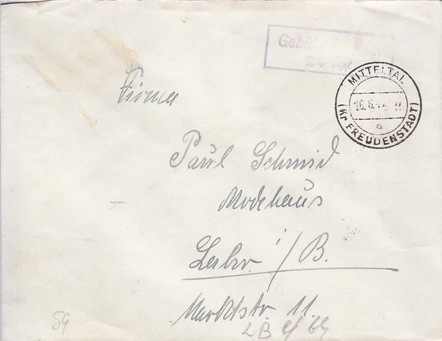 F.Zone - MITTELTAL  (Kr. FREUDENSTADT)  - Gebühr bezahlt - Brief - 1947