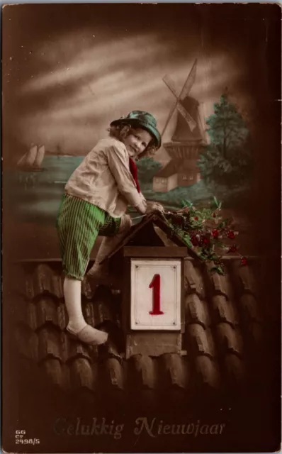 Victorian Girl Happy New Year Coloured Vintage RPPC B147