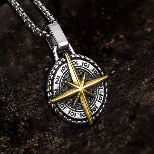 Nautical North Star Compass Pendant Necklace Cool Mens For Gift Stainless Steel