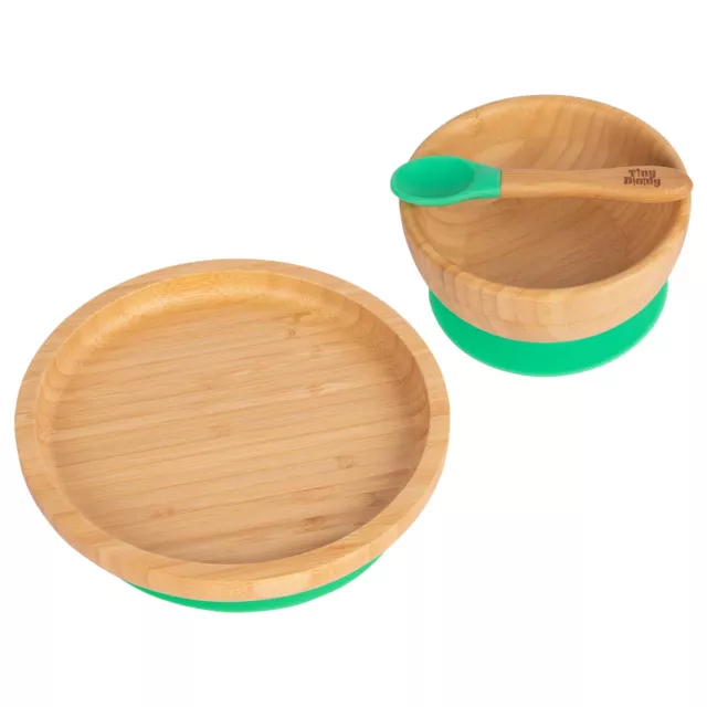 3pc Tiny Dining Grün Runden Bambus Baby Fütterungsset Kinder Teller Schüssel