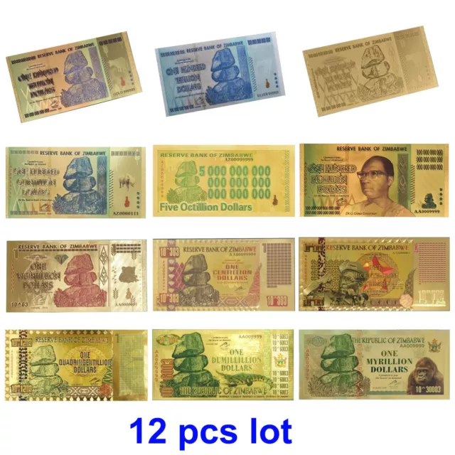 Simbabwe Banknoten 12 Stück Lot Goldfolie 100 Billionen bis Myrillionen Dollar