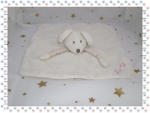 ⑭ - Doudou Semi Plat Carré Souris Blanche Etoiles Fuchsia Obaibi Okaidi