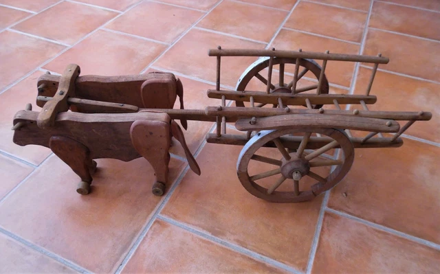 Ancien Jeu à Tirer En Bois - Attelage De Boeufs DEJOU (Longueur 77 Cm) - Jouet Miniature