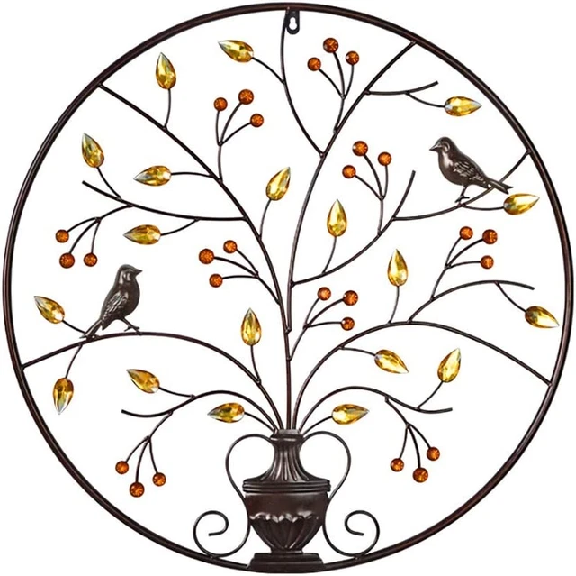 Iron Wall Sculptures - Metal round Wall Decor with Tree and Birds Art