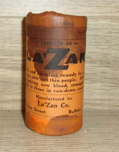 Antique Wooden Tube of La'Zan Tablets for Weak, Nervous, Pale and Thin People