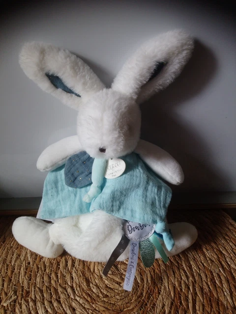 Doudou et compagnie lapin blanc bleu vert marionnette Happy doudou état neuf 3