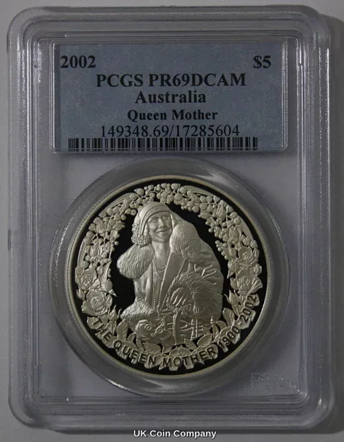 2002 Australia Queen Mother Silver Proof $5 Coin Graded Pcgs Pr69 Dcam