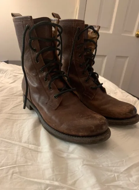 FRYE Veronica distressed dark brown leather combat boots 9.5