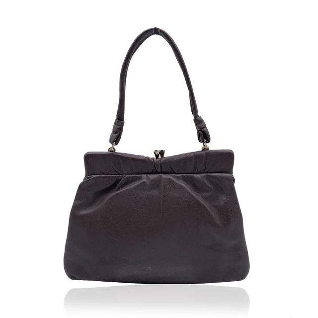 Authentique Vintage Cuir Marron Foncé Sac à Main Encadré Haut Poignée Sac