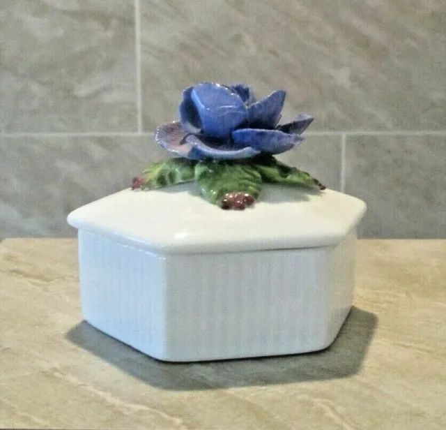 Vintage Bone China Trinket Box Hand Made Blue Flower Lid Aynsley England
