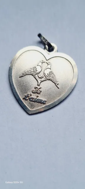 Ancien Pendentif Coeur En Argent 2 colombes  "Je T Aime" 3