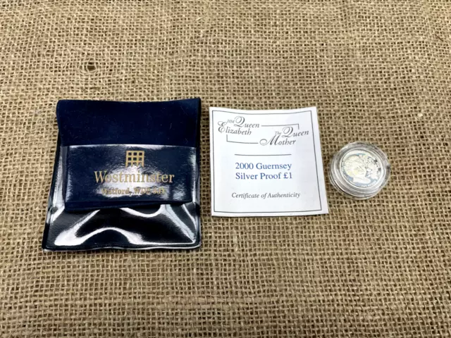 Queen Elizabeth Mother 2000 Guernsey Silver Proof £1 Coin & Carry Case