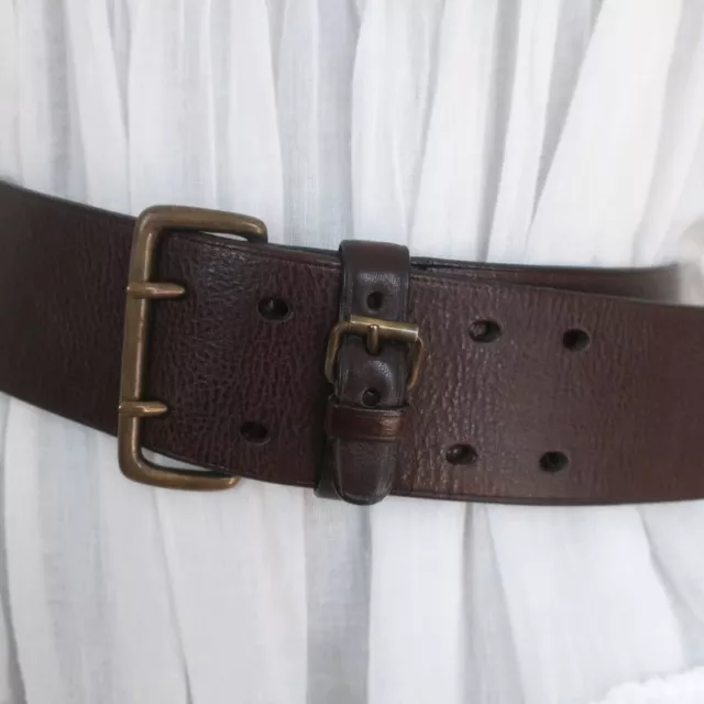 Barneys New York Double Buckle Wide Belt Brown Leather Size 80 US 32 2